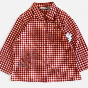 NWT Vintage Cabin Creek Red Orange Gingham Plaid Embroidered Floral Shirt